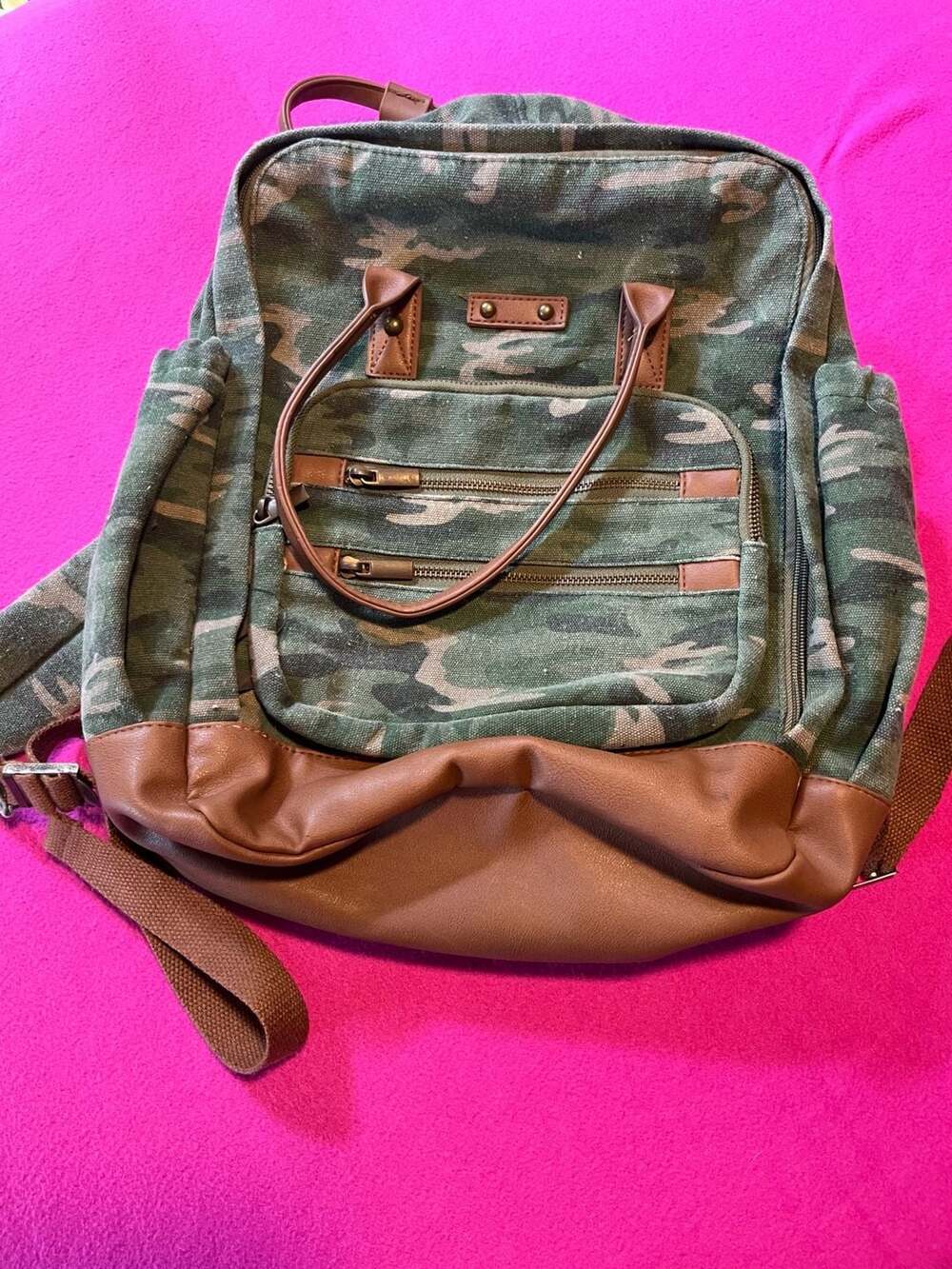 Camouflage Canvas Backpack With Brown Trim